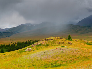 Sun after the rain over the summer mountain plateau. Dramatic rainy alpine landscape in green...