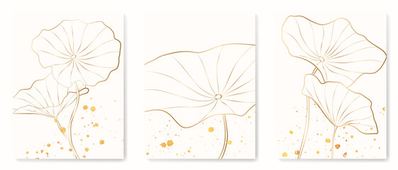 Luxury art background with golden lotus leaves. Botanical floral drawings for interior design, packaging, wallpapers, banners in white and gold color.