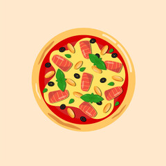 Pizza with seafood and crispy crust. Delicious fast food. Flat vector element for cafe or pizzeria menu. Top view of pizza.  Salmon, red fish, mussels, olives, cheese, basil
