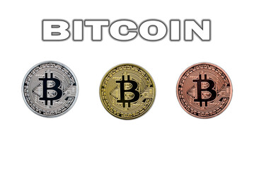 Bitcoin text with 3 real gold bronze and silver metal Bitcoins isolated on white background.