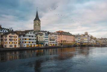 Zurich Skyline with St Peters Church and Limmat river - Zurich, Switzerland