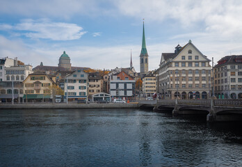 Fototapeta na wymiar Zurich Skyline with Predigerkirche Church and University - Zurich, Switzerland