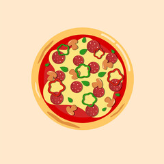 Pizza with a crispy crust. Delicious fast food. Flat vector element for cafe or pizzeria menu. Top view of pizza. Sausage, salami, mushrooms, Bulgarian sweet pepper, tomato, cheese, basil
