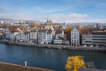 Fototapeta na wymiar Aerial view of Zurich Skyline with Predigerkirche Church and Limmat River - Zurich, Switzerland