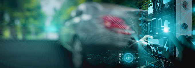 Electric vehicle EV car Power cable wirh pump plug in charging power to electric vehicle EV car virtual modern technology UI control information display,innovation alternative sustainable eco energy.