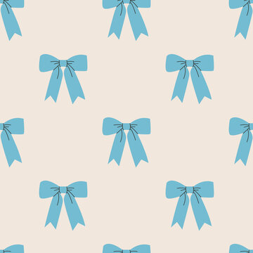 Festive gift bows and ribbons in cartoon style. Simple decorative bow for hair. Blue bow for presents wrapping elements. Gift birthday xmas sale decor. Hand drawn flat vector seamless pattern.
