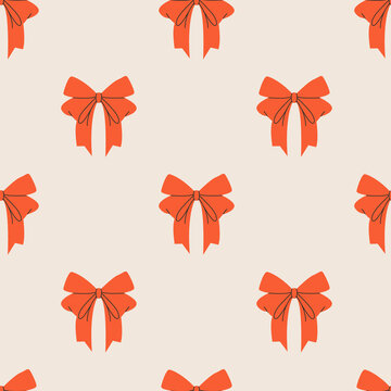Festive gift bows and ribbons in cartoon style. Simple decorative bow for hair. Red bow for presents wrapping elements. Gift birthday xmas sale decor. Hand drawn flat vector seamless pattern.
