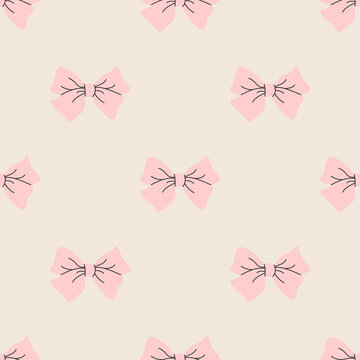 Festive gift bows and ribbons in cartoon style. Simple decorative bow for hair. Pink bow for presents wrapping elements. Gift birthday xmas sale decor. Hand drawn flat vector seamless pattern.