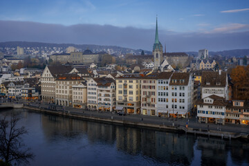 Aerial view of Zurich Skyline with Predigerkirche Church - Zurich, Switzerland