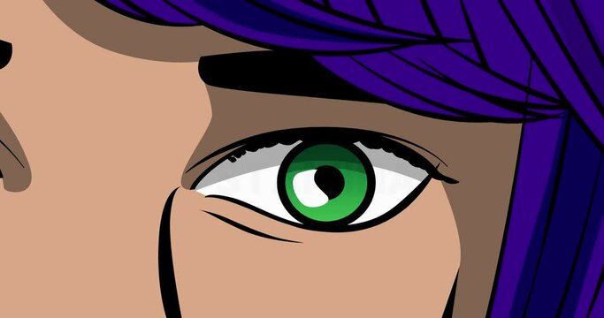 Stamina text in female eye. Close-up cartoon animation. Comic Book style 4k stock video.