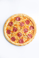 Big pizza with pepperoni and cheese on a white background.