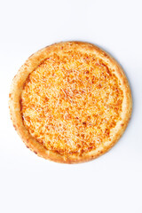 Big pizza with sauce and cheese on a white background.