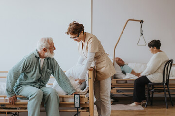 Helpful nurse in a beige uniform helps the patient in a blue pajamas getting up from bed