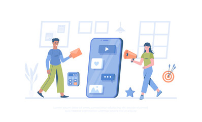 Marketers working on content strategy. Digital Marketing. Management, analysis, development. Cartoon modern flat vector illustration for banner, website design, landing page.