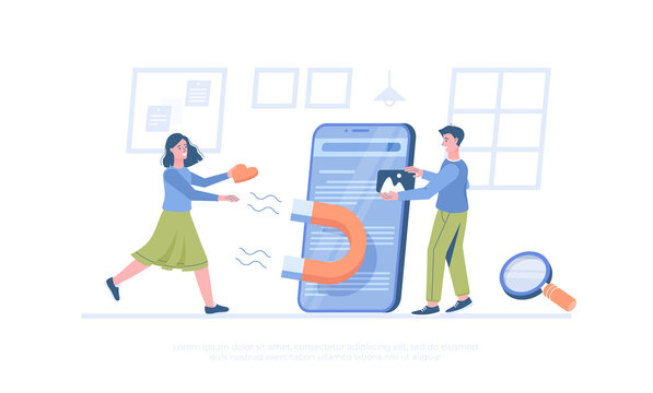 Inbound Marketing. Marketer attracts a clients  with useful content adapted to user requests. Cartoon modern flat vector illustration for banner, website design, landing page.