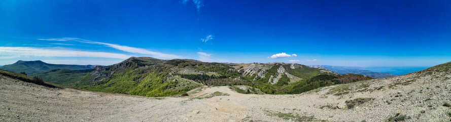 View of the Crimean Mountains plateau from the top of the Demerdzhi. Russia.