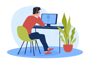 Listening to audio podcast. Young guy in headphones sits in front of monitor, electronic courses and training on Internet, education. Useful video and audio materials. Cartoon flat vector illustration