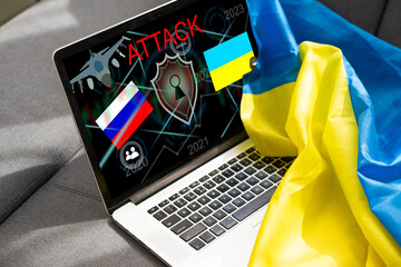 Computer hacker or Cyber attack concept background with Ukraine flag and the Russian bear-hacker