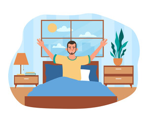 Man waking up. Young guy pulls himself up in morning on bed. Good sleep in comfort and coziness. Positive and optimistic character on weekend. Relax and rest. Cartoon flat vector illustration