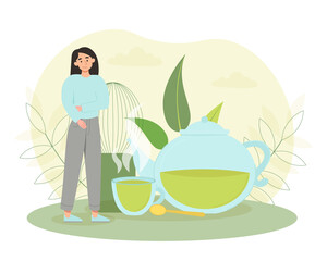 Woman with matcha tea. Delicious morning hot drink. Freshness and energy, tranquility, traditional English cuisine. Useful products, health care, nutrition and diet. Cartoon flat vector illustration