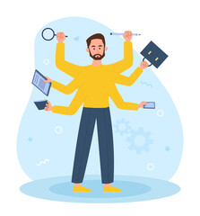 Multitasking man concept. Busy character with large number of hands. Negotiator, analyst and clerk. Businessman or entrepreneur, leader. Overworked person metaphor. Cartoon flat vector illustration