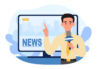 News report on TV. Man with microphone transmits information from scene. Modern technologies and communication. Mass media, reporter. Live broadcast on television. Cartoon flat vector illustration