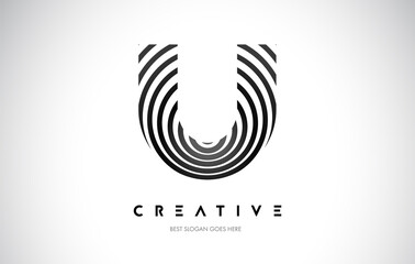 Obraz premium U Lines Warp Logo Design. Letter Icon Made with Black Circular Lines.