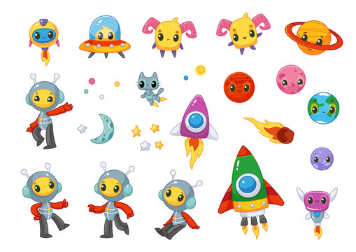 Set of cute cartoon aliens, space rockets, planets, mars, earth, pluto, ufo, alien in space suits, moon. Vector illustration of a character in cartoon style. Isolated funny clipart. Astronauts.