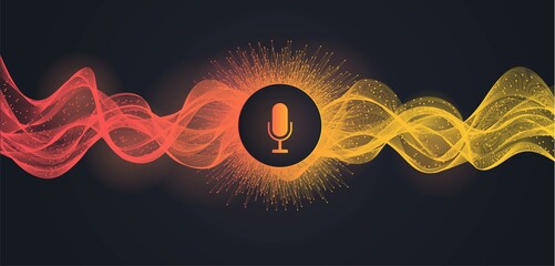 Voice and sound recognition. Colorful poster with wavy equalizer and microphone icon. Voice assistant. Stylish Cover for modern biometric data and technologies. Cartoon flat vector illustration