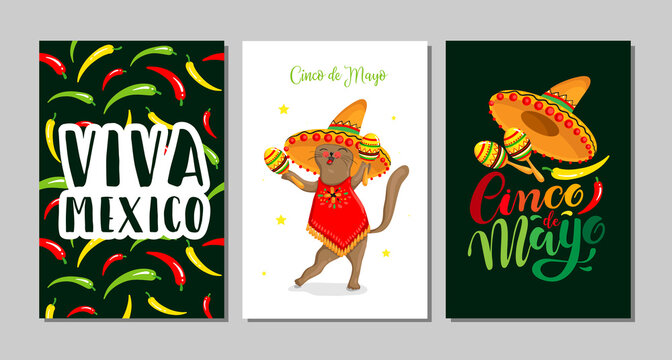 Cinco De Mayo Logo Design With Lettering, And Mexican Cat Character Wearing Sombrero. Vector Illustration EPS10