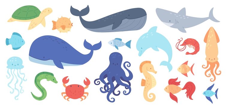Cute sea animals, aquatic underwater creatures, marine life. Starfish, octopus, seahorse, shark, turtle, dolphin, whale, ocean animal vector set