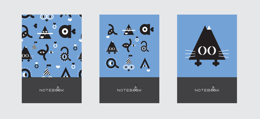 Set covers for notebooks with abstract geometric vector design with cute funny animals. For the design of childrens notebook, brochures, templates for school diaries. Vector illustration.