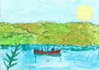 landscape with lake boat and sun