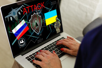 Computer hacker or Cyber attack concept background with Ukraine flag and the Russian bear-hacker