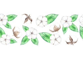 Seamless border with watercolor cotton bolls and leaves leaves