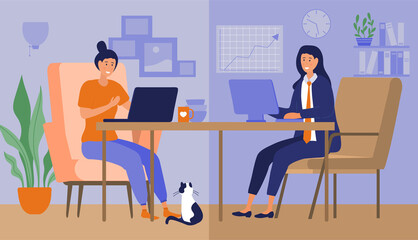 Hybrid work place. Freelancer versus office worker, remote worker and modern technology. Manager and housewife, girl indoor. Comfortable workplace, home or office. Cartoon flat vector illustration