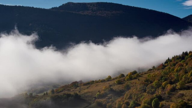 Fog in the valley in the mountain landscape. Gill leaves scraped to autumn tones. Morning light,mist