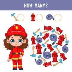 How many fire extinguishers, fire hoses and hydrants next to a girl, a child in a firefighter costume. Counting educational children's game, children's worksheet with mathematical tasks. Cartoon.