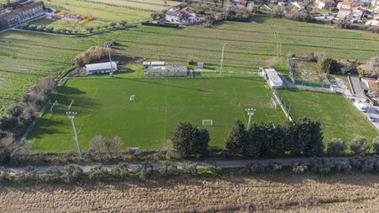 Aerial view of soccer field before match.