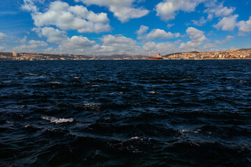 Obraz na płótnie Canvas Blue seascape overlooking the coast of Turkey on a summer day.
