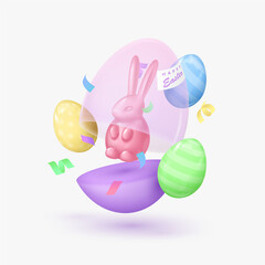 Flying matte purple egg with glass dome and pink rabbit, bunny, serpentine, colored mini eggs. Happy Easter poster. Vector illustration for card, party, design, flyer, banner, web, advertising.
