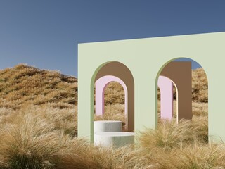 Marble podium on natural yellow grass field garden with pastel color arch wall and clear blue sky for cosmetic product presentation 3D rendering illustration