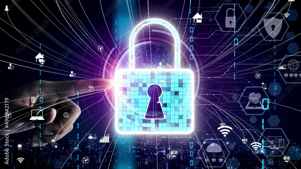 Poster cyber security encryption technology to protect data privacy conceptual . 3d render computer graphic