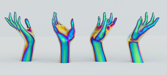 3D illustration of hand models suitable for product placement, showing hands holding or touching something. Arm sculptures made of holographic glossy material.