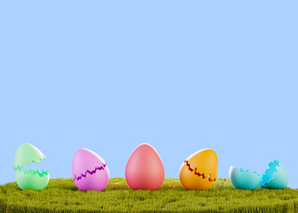 Colorful eggs in the grass. Grass field and Easter eggs, isolated on a blue background. Happy Easter, banner. Design element, 3d render.