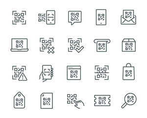 QR Code Icons Set. Scanning, Phone Scan, Box, Website, Document with QR Code anf other. 