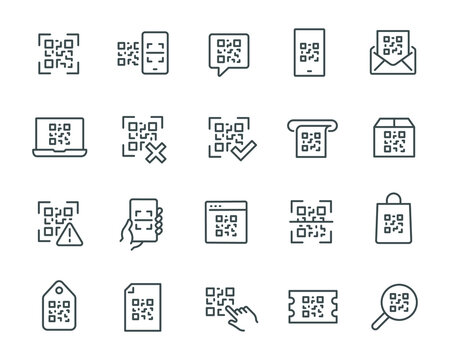 QR Code Icons Set. Scanning, Phone Scan, Box, Website, Document with QR Code anf other. 