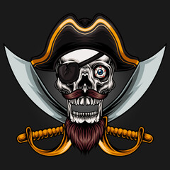pirate skull head with crossed swords vector illustration