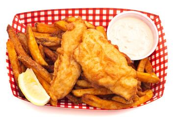 Meal of Fish and Chips Isolated on a White Background