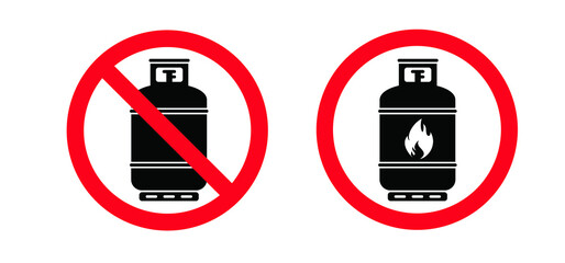 Stop, warning propane gas cylinder icon or logo. Cartoon vector gas cannister symbol. LPG tank or container for propane bottles. caution, oxygen gas cylinder. fuel storage bottle.
